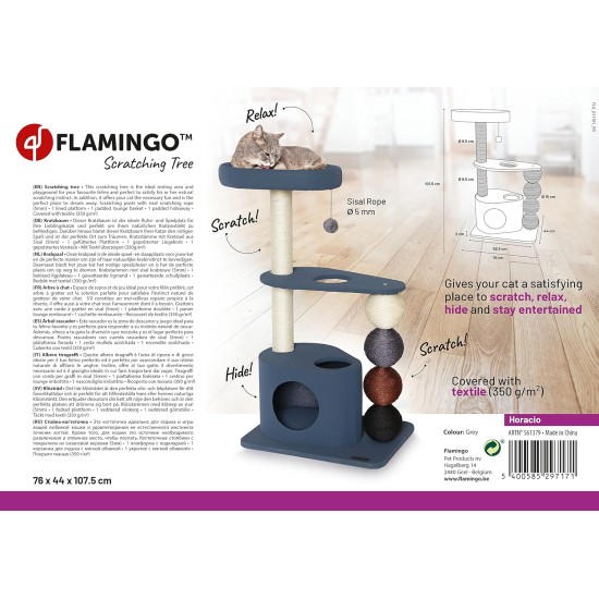 Flamingo Wilma Grey Cat Scratching Post - 58 x 33 x 69 cm - Cat Pole - Hammock and Padded Platform - Toy with Bell for More Fun Flamingo Wilma Grey Cat Scratching Post - 58 x 33 x 69 cm - Cat Pole - Hammock and Padded Platform - Toy with Bell for More Fun