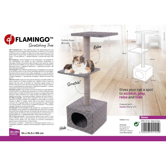 Flamingo Wilma Grey Cat Scratching Post - 58 x 33 x 69 cm - Cat Pole - Hammock and Padded Platform - Toy with Bell for More Fun Flamingo Wilma Grey Cat Scratching Post - 58 x 33 x 69 cm - Cat Pole - Hammock and Padded Platform - Toy with Bell for More Fun