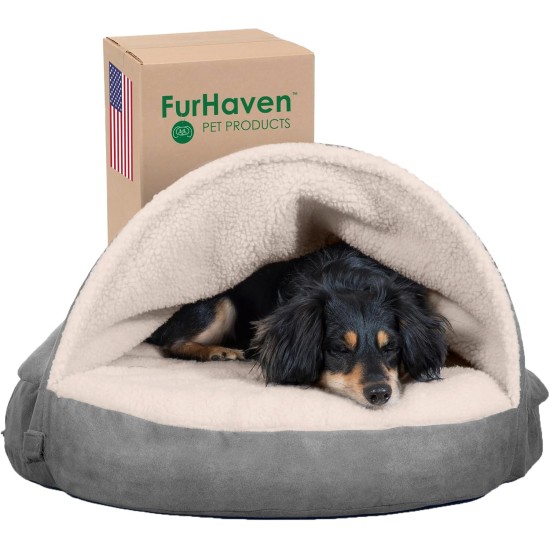 FurHaven 24 Inch Round Small Doughnut Dog Bed Plush Velvet Waves Hooded Calming Cuddler, Washable - Dark Grey, Small FurHaven 24 Inch Round Small Doughnut Dog Bed Plush Velvet Waves Hooded Calming Cuddler, Washable - Dark Grey, Small