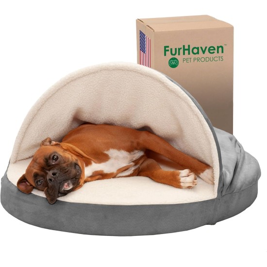 FurHaven 24 Inch Round Small Doughnut Dog Bed Plush Velvet Waves Hooded Calming Cuddler, Washable - Dark Grey, Small FurHaven 24 Inch Round Small Doughnut Dog Bed Plush Velvet Waves Hooded Calming Cuddler, Washable - Dark Grey, Small