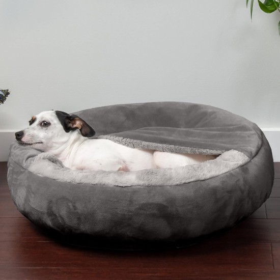 FurHaven 24 Inch Round Small Doughnut Dog Bed Plush Velvet Waves Hooded Calming Cuddler, Washable - Dark Grey, Small FurHaven 24 Inch Round Small Doughnut Dog Bed Plush Velvet Waves Hooded Calming Cuddler, Washable - Dark Grey, Small