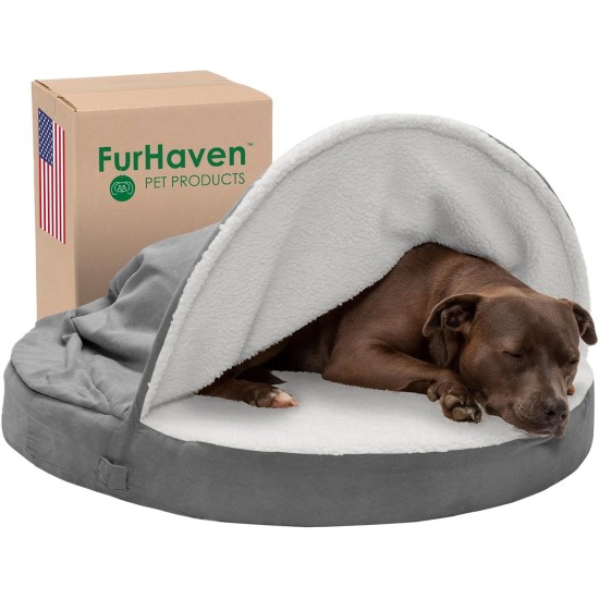FurHaven 24 Inch Round Small Doughnut Dog Bed Plush Velvet Waves Hooded Calming Cuddler, Washable - Dark Grey, Small FurHaven 24 Inch Round Small Doughnut Dog Bed Plush Velvet Waves Hooded Calming Cuddler, Washable - Dark Grey, Small