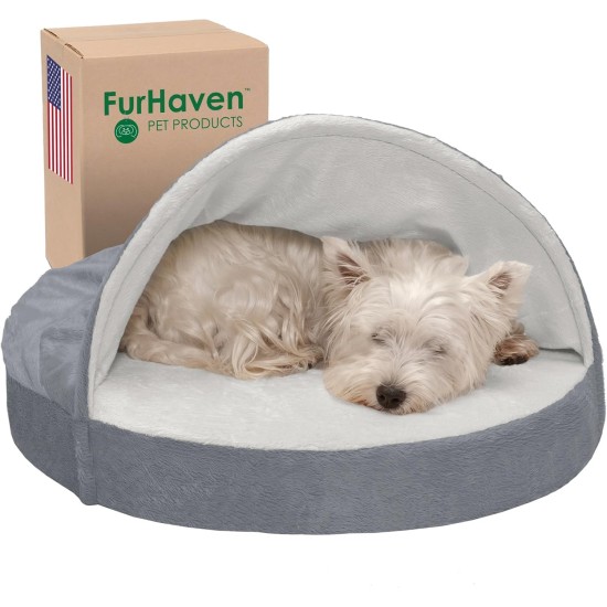 FurHaven 24 Inch Round Small Doughnut Dog Bed Plush Velvet Waves Hooded Calming Cuddler, Washable - Dark Grey, Small FurHaven 24 Inch Round Small Doughnut Dog Bed Plush Velvet Waves Hooded Calming Cuddler, Washable - Dark Grey, Small