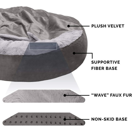 FurHaven 24 Inch Round Small Doughnut Dog Bed Plush Velvet Waves Hooded Calming Cuddler, Washable - Dark Grey, Small FurHaven 24 Inch Round Small Doughnut Dog Bed Plush Velvet Waves Hooded Calming Cuddler, Washable - Dark Grey, Small