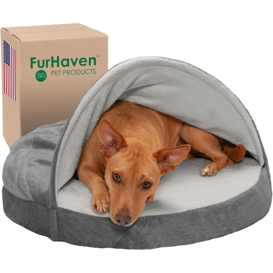 FurHaven 24 Inch Round Small Doughnut Dog Bed Plush Velvet Waves Hooded Calming Cuddler, Washable - Dark Grey, Small FurHaven 24 Inch Round Small Doughnut Dog Bed Plush Velvet Waves Hooded Calming Cuddler, Washable - Dark Grey, Small