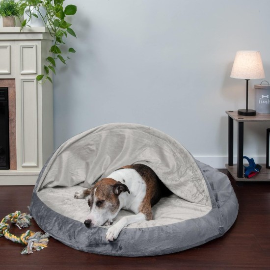 FurHaven 24 Inch Round Small Doughnut Dog Bed Plush Velvet Waves Hooded Calming Cuddler, Washable - Dark Grey, Small FurHaven 24 Inch Round Small Doughnut Dog Bed Plush Velvet Waves Hooded Calming Cuddler, Washable - Dark Grey, Small