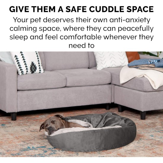 FurHaven 24 Inch Round Small Doughnut Dog Bed Plush Velvet Waves Hooded Calming Cuddler, Washable - Dark Grey, Small FurHaven 24 Inch Round Small Doughnut Dog Bed Plush Velvet Waves Hooded Calming Cuddler, Washable - Dark Grey, Small