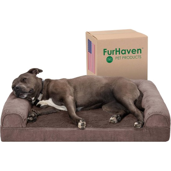 Furhaven Large Orthopaedic Dog Bed Faux Fur & Velvet Sofa-Style w/Removable Washable Cover - Driftwood Brown, Large