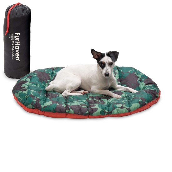 Furhaven Small Dog Bed Trail Pup Travel Pillow Mat w/Stuff Sack, Washable, Flame Red/True Blue, Small Furhaven Small Dog Bed Trail Pup Travel Pillow Mat w/Stuff Sack, Washable, Flame Red/True Blue, Small