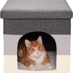 Furhaven Small Pet House Collapsible Ottoman Foot Tool Condo Pet Bed - Hygge Stripe (Grey/Cream), Small Furhaven Small Pet House Collapsible Ottoman Foot Tool Condo Pet Bed - Hygge Stripe (Grey/Cream), Small