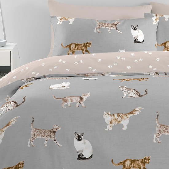 Grauer Katzen-Bettbezug – King-Size-Größe (230 x 220 cm) – wendbares Design (rosa und grau) – Bettwäsche mit Katzenpfotenabdruck – Bettwäsche mit Tiermotiv – Siamesen, Perser, Ragdolls und Grauer Katzen-Bettbezug – King-Size-Größe (230 x 220 cm) – wendbares Design (rosa und grau) – Bettwäsche mit Katzenpfotenabdruck – Bettwäsche mit Tiermotiv – Siamesen, Perser, Ragdolls und