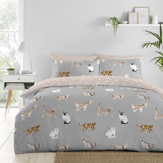 Grauer Katzen-Bettbezug – King-Size-Größe (230 x 220 cm) – wendbares Design (rosa und grau) – Bettwäsche mit Katzenpfotenabdruck – Bettwäsche mit Tiermotiv – Siamesen, Perser, Ragdolls und