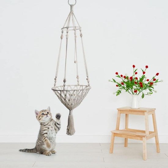 Hanging Cat Hammock Bed, Tassel Macrame Hanging Cat Hammock Bohemia Hand Woven Cat Swing Bed for Sleeping, Playing and Lounging, up to 5 kg Hanging Cat Hammock Bed, Tassel Macrame Hanging Cat Hammock Bohemia Hand Woven Cat Swing Bed for Sleeping, Playing and Lounging, up to 5 kg