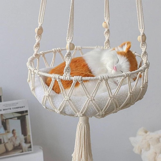 Hanging Cat Hammock Bed, Tassel Macrame Hanging Cat Hammock Bohemia Hand Woven Cat Swing Bed for Sleeping, Playing and Lounging, up to 5 kg