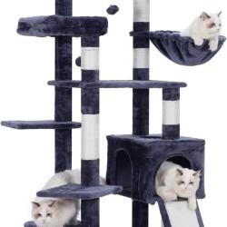 Hey-brother EMPJ029G Stable Cat Tree with 2 Large Platforms, Large Scratching Board, Basket and House, Smoke Grey Hey-brother EMPJ029G Stable Cat Tree with 2 Large Platforms, Large Scratching Board, Basket and House, Smoke Grey