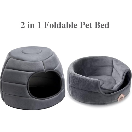 Hollypet Cat Bed, Small Dog Bed, 2-in-1 Foldable Pet Cave Bed, Warm Crystal Velvet Pet Bed, Grey, S Hollypet Cat Bed, Small Dog Bed, 2-in-1 Foldable Pet Cave Bed, Warm Crystal Velvet Pet Bed, Grey, S