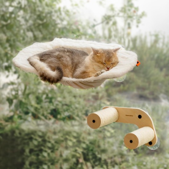 MEWOOFUN Cat Hammock with 2 Stairs, Cordless Window Bed with 3 Suction Cups, 68 cm Wide Wooden Hammock for Indoor Cats MEWOOFUN Cat Hammock with 2 Stairs, Cordless Window Bed with 3 Suction Cups, 68 cm Wide Wooden Hammock for Indoor Cats