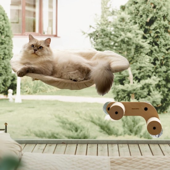 MEWOOFUN Cat Hammock with 2 Stairs, Cordless Window Bed with 3 Suction Cups, 68 cm Wide Wooden Hammock for Indoor Cats MEWOOFUN Cat Hammock with 2 Stairs, Cordless Window Bed with 3 Suction Cups, 68 cm Wide Wooden Hammock for Indoor Cats