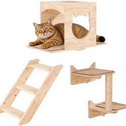 MIUZMORE Cat Wall Shelves Set - Wall Mounted Cat Furniture with House, Sisal Scratching Post, Climbing Steps - Solid Wood Cat Climbing Wall for Indoor Cats, Space Saving Design MIUZMORE Cat Wall Shelves Set - Wall Mounted Cat Furniture with House, Sisal Scratching Post, Climbing Steps - Solid Wood Cat Climbing Wall for Indoor Cats, Space Saving Design