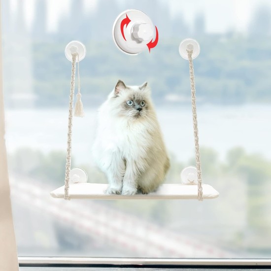 Mkono Macrame Cat Bed Window for Indoor Cats, Cat Hammock 55 × 30 cm with Suction Cup, Cat Shelves, Window Pole, Wall Mounted, Washable, Holds up to 20 kg Mkono Macrame Cat Bed Window for Indoor Cats, Cat Hammock 55 × 30 cm with Suction Cup, Cat Shelves, Window Pole, Wall Mounted, Washable, Holds up to 20 kg