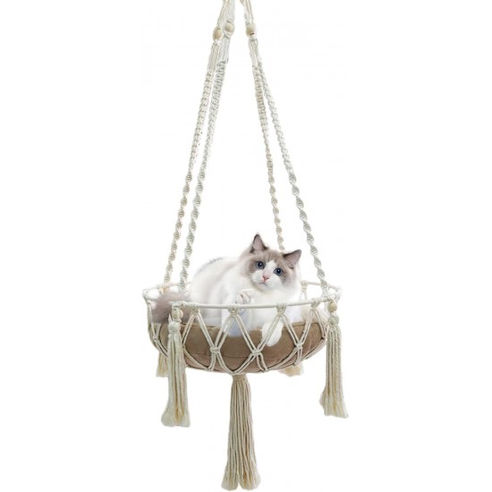 NCONCO Hand Knitted Hanging Cat Hammock Macrame Cat Hanging Bed Cat Basket Bed for Indoor and Outdoor Playing, Sleeping, Climbing (White) NCONCO Hand Knitted Hanging Cat Hammock Macrame Cat Hanging Bed Cat Basket Bed for Indoor and Outdoor Playing, Sleeping, Climbing (White)