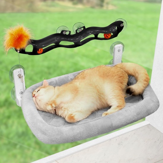 Odoland Cat Bed for Window Lounger - Foldable Hammock Cat Window with Cat Toy Interactive & Cat Mat, Strong Suction Cups, Removable Reversible Cover - Cat Lounger (58 x 39 cm) up to 18 kg