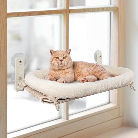 PEFUNY Cordless Folding Cat Window Perch, Cat Hammock for Window and Wall, with 4 Suction Cups, Sturdy Setal Frame for Glass Windows and Interior Walls (White With Bed Large) PEFUNY Cordless Folding Cat Window Perch, Cat Hammock for Window and Wall, with 4 Suction Cups, Sturdy Setal Frame for Glass Windows and Interior Walls (White With Bed Large)