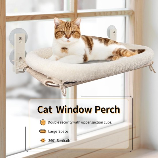 PEFUNY Cordless Folding Cat Window Perch, Cat Hammock for Window and Wall, with 4 Suction Cups, Sturdy Setal Frame for Glass Windows and Interior Walls (White With Bed Large) PEFUNY Cordless Folding Cat Window Perch, Cat Hammock for Window and Wall, with 4 Suction Cups, Sturdy Setal Frame for Glass Windows and Interior Walls (White With Bed Large)