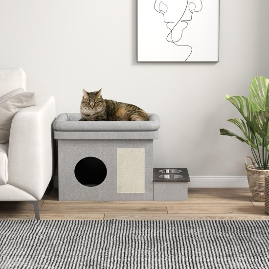 PawHut Cat Cave, Cat House, Cat House with 2 Stainless Steel Bowls, Cat Bed with Cushion, Scratching Mat, Dog House for Cats and Dogs up to 8 kg, Polyester, 78 x 48 x 49.5 cm, Grey PawHut Cat Cave, Cat House, Cat House with 2 Stainless Steel Bowls, Cat Bed with Cushion, Scratching Mat, Dog House for Cats and Dogs up to 8 kg, Polyester, 78 x 48 x 49.5 cm, Grey