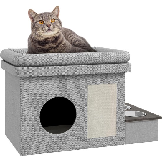 PawHut Cat Cave, Cat House, Cat House with 2 Stainless Steel Bowls, Cat Bed with Cushion, Scratching Mat, Dog House for Cats and Dogs up to 8 kg, Polyester, 78 x 48 x 49.5 cm, Grey