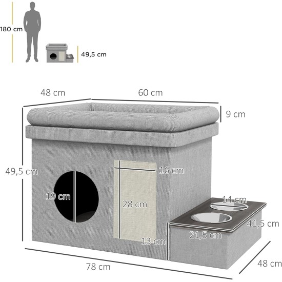 PawHut Cat Cave, Cat House, Cat House with 2 Stainless Steel Bowls, Cat Bed with Cushion, Scratching Mat, Dog House for Cats and Dogs up to 8 kg, Polyester, 78 x 48 x 49.5 cm, Grey PawHut Cat Cave, Cat House, Cat House with 2 Stainless Steel Bowls, Cat Bed with Cushion, Scratching Mat, Dog House for Cats and Dogs up to 8 kg, Polyester, 78 x 48 x 49.5 cm, Grey