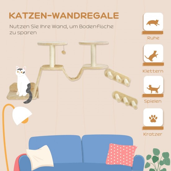 PawHut Cat Climbing Wall Set, 3-Piece Cat Furniture with Scratching Post, Perches, Ladder, Steps, Scratching Board, for Cats up to 5 kg, Sisal, Beige PawHut Cat Climbing Wall Set, 3-Piece Cat Furniture with Scratching Post, Perches, Ladder, Steps, Scratching Board, for Cats up to 5 kg, Sisal, Beige