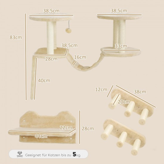 PawHut Cat Climbing Wall Set, 3-Piece Cat Furniture with Scratching Post, Perches, Ladder, Steps, Scratching Board, for Cats up to 5 kg, Sisal, Beige PawHut Cat Climbing Wall Set, 3-Piece Cat Furniture with Scratching Post, Perches, Ladder, Steps, Scratching Board, for Cats up to 5 kg, Sisal, Beige