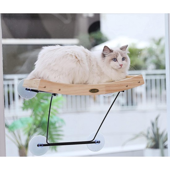 Pecute Cat Window Seats (42 x 30 x 6.5 cm), Cat Hammock Sisal with 2-in-1 Cat Scratching Post, Solid Wood Frame, Iron Holder and Powerful Suction Cup