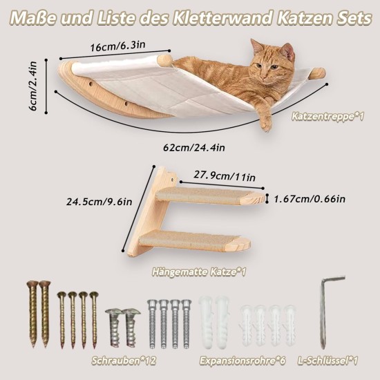 REDKNOT Wooden Cat Climbing Wall Set Including Cat Hammock and Cat Ladder, Cat Stairs Wall with Sisal Scratching Post, Wall Scratching Post, Cat Furniture for Cats, Sleeping, Playing and Resting, up REDKNOT Wooden Cat Climbing Wall Set Including Cat Hammock and Cat Ladder, Cat Stairs Wall with Sisal Scratching Post, Wall Scratching Post, Cat Furniture for Cats, Sleeping, Playing and Resting, up