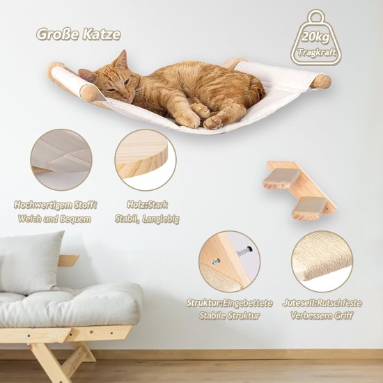 REDKNOT Wooden Cat Climbing Wall Set Including Cat Hammock and Cat Ladder, Cat Stairs Wall with Sisal Scratching Post, Wall Scratching Post, Cat Furniture for Cats, Sleeping, Playing and Resting, up REDKNOT Wooden Cat Climbing Wall Set Including Cat Hammock and Cat Ladder, Cat Stairs Wall with Sisal Scratching Post, Wall Scratching Post, Cat Furniture for Cats, Sleeping, Playing and Resting, up