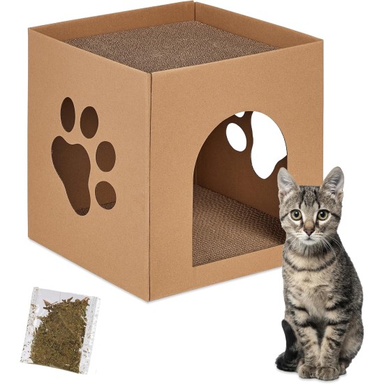 Relaxdays Cardboard Cat House with Scratching Board to Assemble Includes Catnip HBT: 30 x 30 x 30.5 cm, Brown, 100%, Light Brown, 30 x 30 x 30.5 cm