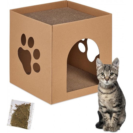 Relaxdays Cardboard Cat House with Scratching Board to Assemble Includes Catnip HBT: 30 x 30 x 30.5 cm, Brown Relaxdays Cardboard Cat House with Scratching Board to Assemble Includes Catnip HBT: 30 x 30 x 30.5 cm, Brown