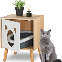 Relaxdays Cat Cabinet with Door, H x W x D: 50 x 40 x 40 cm, Hide Cat Litter Tray, Sleeping Area, Indoor Cat Chest of Drawers, Natural/White Relaxdays Cat Cabinet with Door, H x W x D: 50 x 40 x 40 cm, Hide Cat Litter Tray, Sleeping Area, Indoor Cat Chest of Drawers, Natural/White