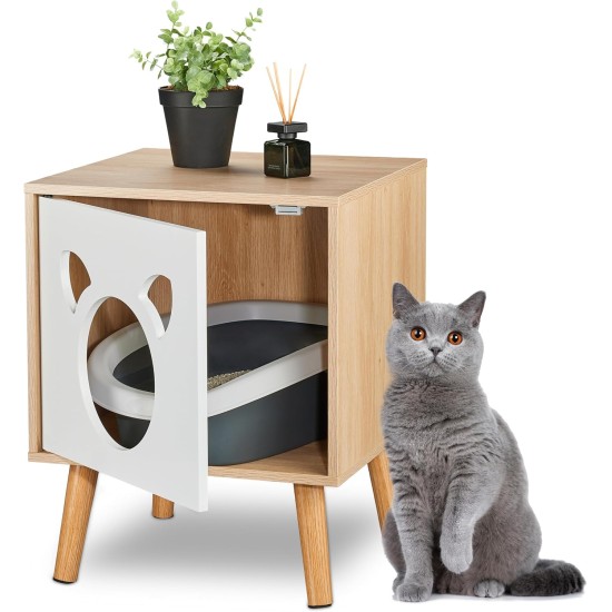 Relaxdays Cat Cabinet with Door, H x W x D: 50 x 40 x 40 cm, Hide Cat Litter Tray, Sleeping Area, Indoor Cat Chest of Drawers, Natural/White