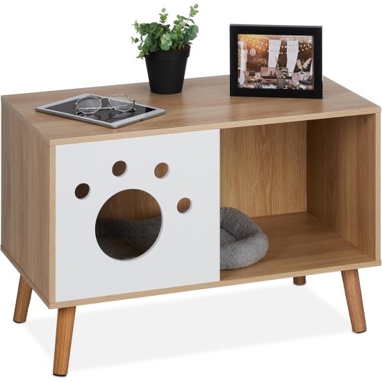Relaxdays Cat Cabinet with Entrance, HBT: 50 x 75 x 40 cm, Hide Cat Litter Tray, Sleeping Area, Indoor Cat Cave Natural/White