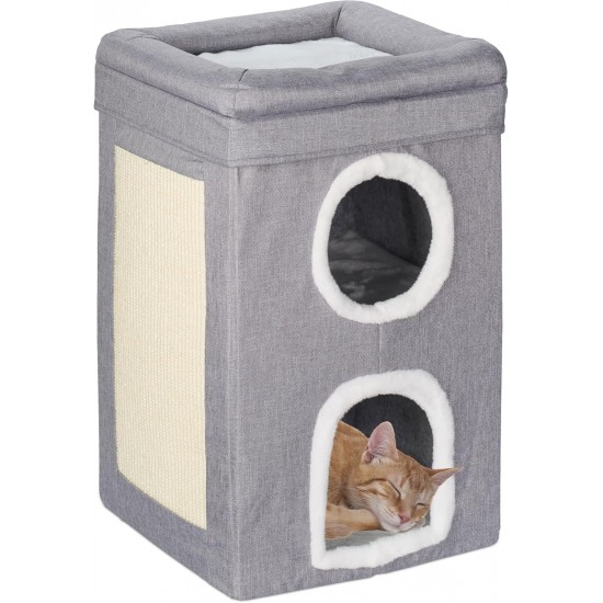 Relaxdays Cat Cave 2 Caves and 1 Open Level Cat Bed Square with Scratching Surface H x W x D: 63 x 40 x 40 cm Grey / White Relaxdays Cat Cave 2 Caves and 1 Open Level Cat Bed Square with Scratching Surface H x W x D: 63 x 40 x 40 cm Grey / White