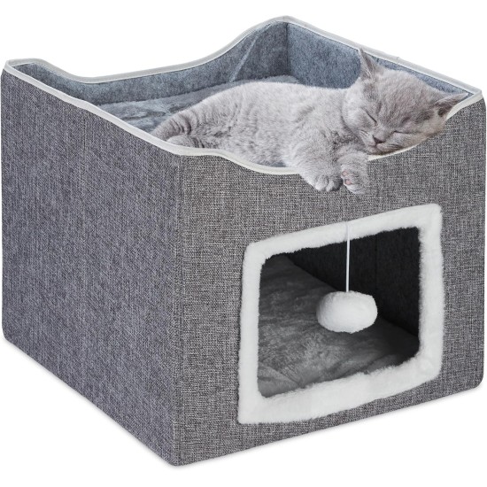 Relaxdays Cat Cave, H x W x D: 32 x 40 x 40 cm, Scratching Area, Cat Toy, 2 Cat Cushions, Foldable Cat House, Grey Relaxdays Cat Cave, H x W x D: 32 x 40 x 40 cm, Scratching Area, Cat Toy, 2 Cat Cushions, Foldable Cat House, Grey