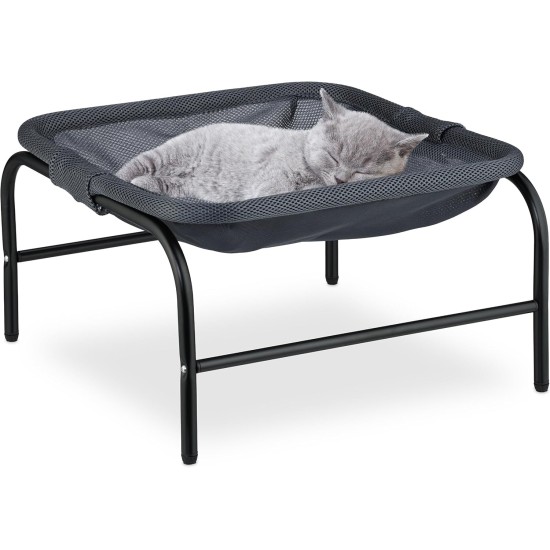 Relaxdays Cat Hammock, Standing, Raised Cat Hanging Chair, H x W x D: 27 x 45 x 45 cm, Cat Bed with Stand, Grey/Black