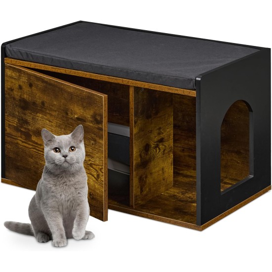Relaxdays Cat Litter Cabinet with Seat Cover, Cat House & Bench, HBT: 45.5 x 75 x 43 cm, for Cat Litter Tray, Brown/Black