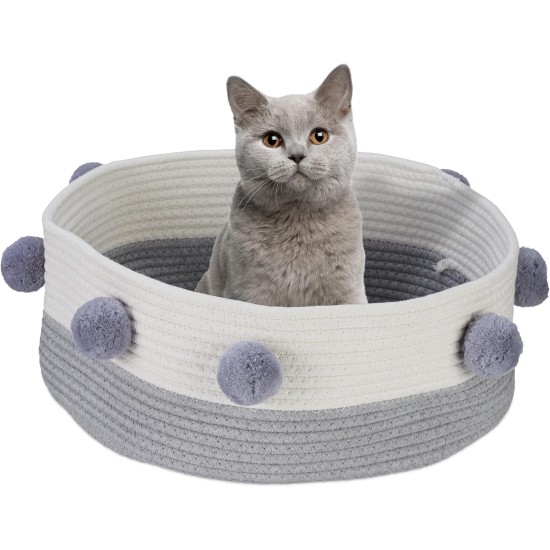 Relaxdays Cesta de algodón para Gatos Cat Bed, Cats & Small Dogs, H x D: 16.5 x 41 cm, Pompoms, Cotton, Braided Cat Basket, Grey/White Relaxdays Cesta de algodón para Gatos Cat Bed, Cats & Small Dogs, H x D: 16.5 x 41 cm, Pompoms, Cotton, Braided Cat Basket, Grey/White