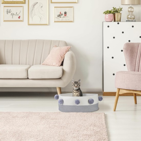 Relaxdays Cesta de algodón para Gatos Cat Bed, Cats & Small Dogs, H x D: 16.5 x 41 cm, Pompoms, Cotton, Braided Cat Basket, Grey/White Relaxdays Cesta de algodón para Gatos Cat Bed, Cats & Small Dogs, H x D: 16.5 x 41 cm, Pompoms, Cotton, Braided Cat Basket, Grey/White