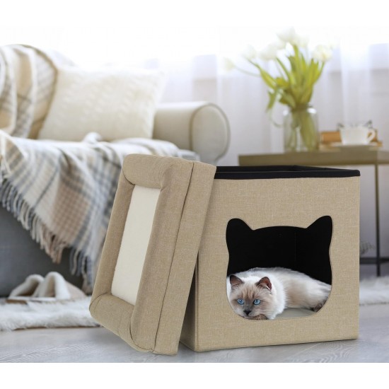 Relaxdays Indoor Cat Cave Sleeping Place for Velvet Paws, Cat Box 2 Levels, Foldable, HBT: 44 x 40 x 40 cm, Brown/White Relaxdays Indoor Cat Cave Sleeping Place for Velvet Paws, Cat Box 2 Levels, Foldable, HBT: 44 x 40 x 40 cm, Brown/White