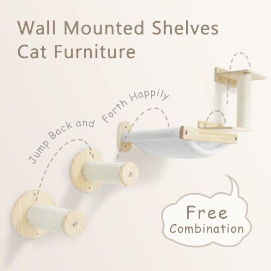 SONGWAY Climbing Wall Cat Stairs Wall Mounted 4-Piece Cat Climbing Wall Set with Hammock and Sisal Column, Wall Lounger Cat, Scratching Post Wall, Cat Scratching Furniture, Beige SONGWAY Climbing Wall Cat Stairs Wall Mounted 4-Piece Cat Climbing Wall Set with Hammock and Sisal Column, Wall Lounger Cat, Scratching Post Wall, Cat Scratching Furniture, Beige