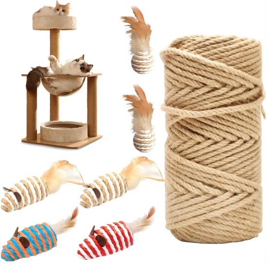 Sisal Rope 6 mm/50 m for Cat Scratching Post Replacement, Natural Jute Rope with 2 Cat Toys Sisal Balls/4 Sisal Mice, Thick Natural Hemp Rope, Long Scratching Rope for DIY Packaging/Paw Balls/Garden Sisal Rope 6 mm/50 m for Cat Scratching Post Replacement, Natural Jute Rope with 2 Cat Toys Sisal Balls/4 Sisal Mice, Thick Natural Hemp Rope, Long Scratching Rope for DIY Packaging/Paw Balls/Garden